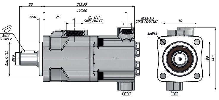 Pompa tłoczkowa prosta,dwukierunkowa, ISO, klin 250bar, 26-52L wymiary