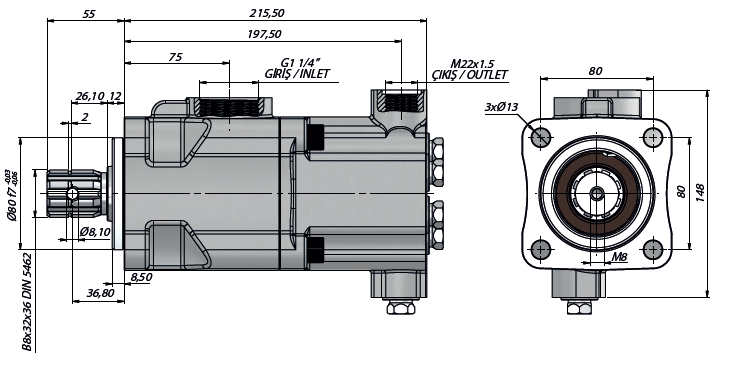 Pompa tłoczkowa prosta,dwukierunkowa, ISO, wieloklinowy 250bar, 26-52L wymiary
