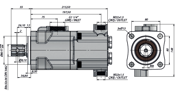 Pompa tłoczkowa prosta,dwustrumieniowa, ISO, wieloklinowy 250bar, 20+20, 26+26, 34+18, 26+14 wymiary